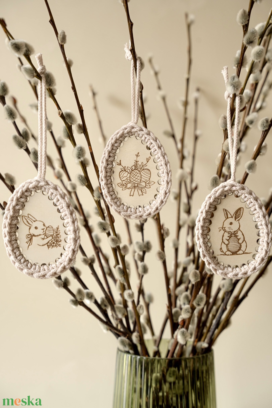 Három darabos tavaszi, húsvéti dísz, horgolt húsvéti tojás - nyuszis szett - otthon & életmód - dekoráció - fali és függő dekoráció - függődísz - Meska.hu