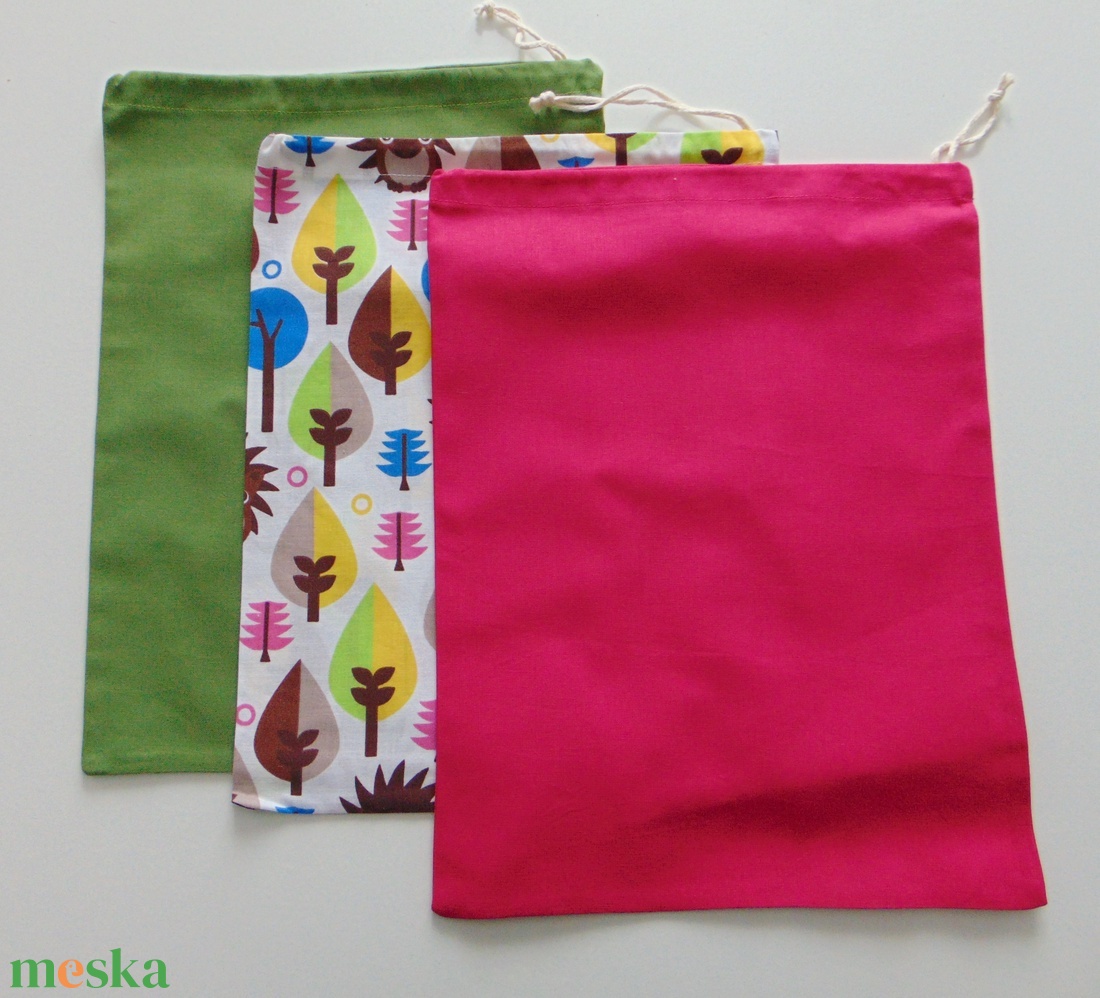 Textil zsák csomag (3 db/ cs) pink- zöld- süni mintás  - táska & tok - bevásárlás & shopper táska - zöldség/gyümölcs zsák - Meska.hu