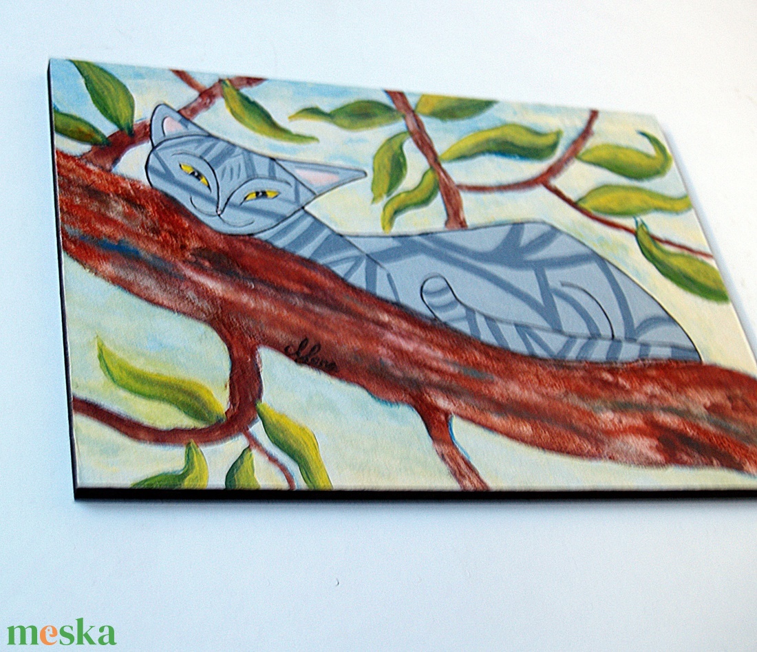 Lustálkodó macska (nagy tábla kép) - művészet - festmény - festmény vegyes technika - Meska.hu