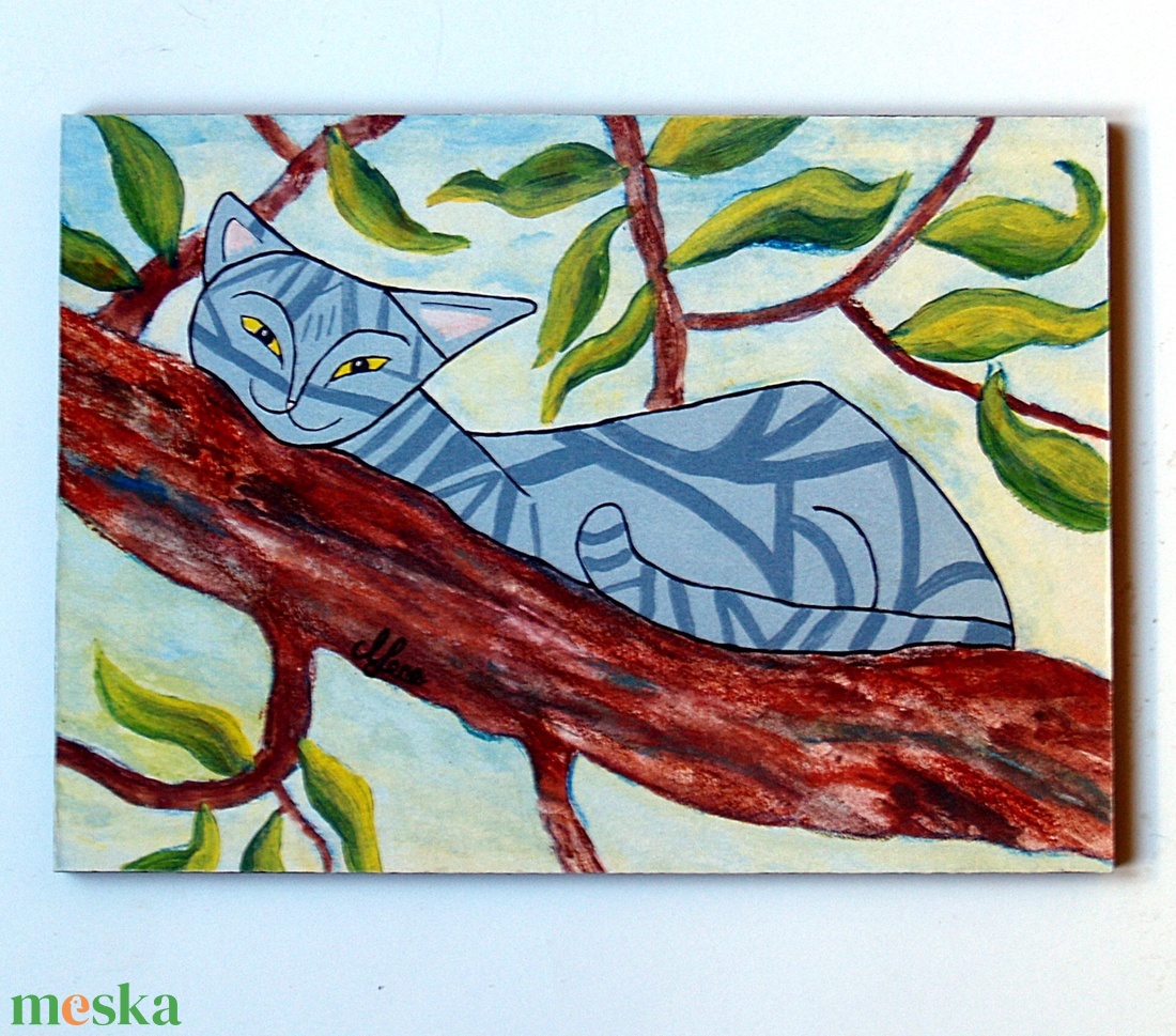 Lustálkodó macska (nagy tábla kép) - művészet - festmény - festmény vegyes technika - Meska.hu