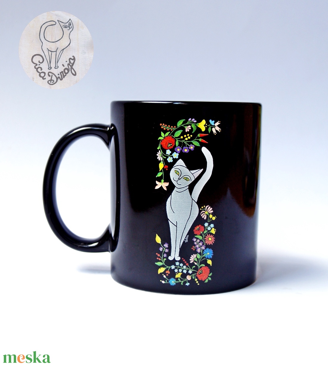  2 db Kalocsai fekete-fehér cicás bögre kerámia  - otthon & életmód - konyhafelszerelés, tálalás - tálalás - bögre & csésze - Meska.hu