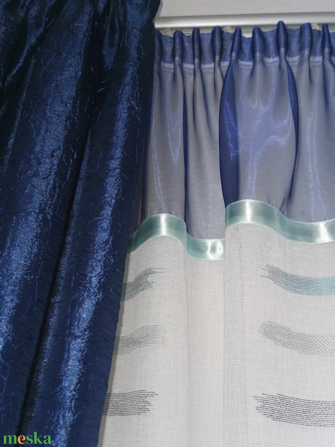 Kék és víz zöld mintás függöny gyűrt szatén sötétítővel egyben ÚJ - otthon & életmód - lakástextil - függöny és kiegészítő - függöny - Meska.hu