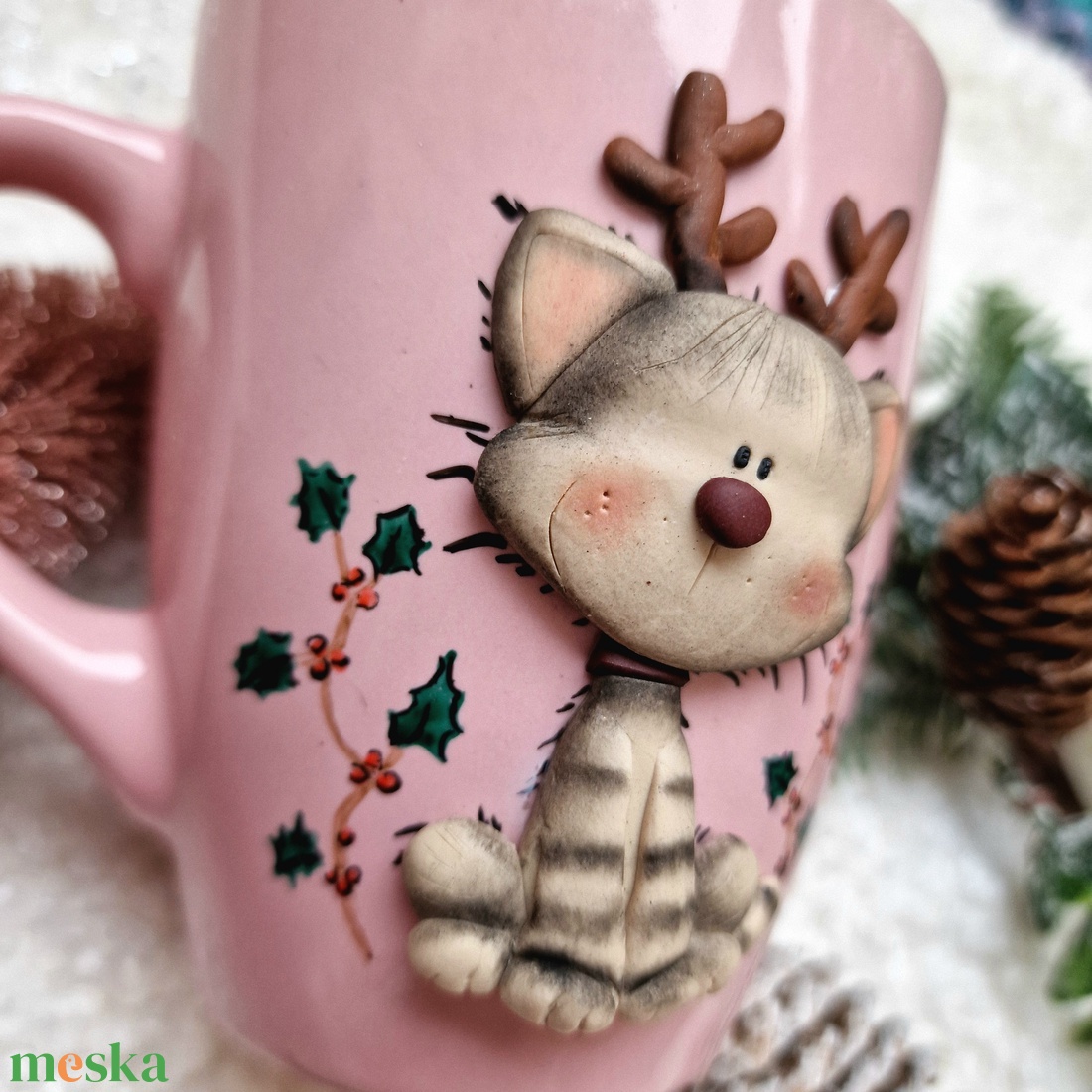 Karácsonyi bögre - Cica szarvasagancsokkal - otthon & életmód - konyhafelszerelés, tálalás - tálalás - bögre & csésze - Meska.hu