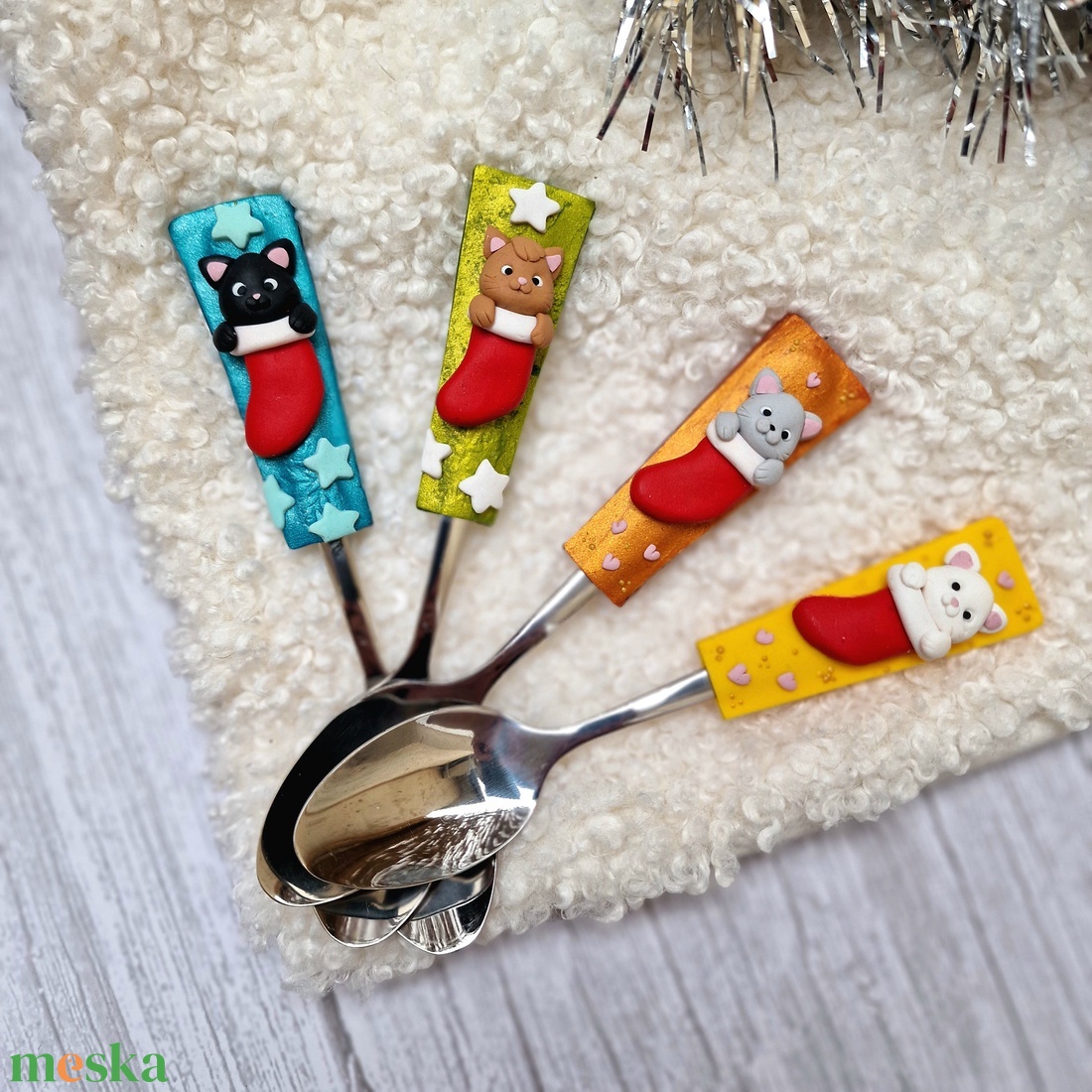 Karácsonyi cicás teáskanál - Metálkék - otthon & életmód - konyhafelszerelés, tálalás - tálalás - kanál & villa - Meska.hu