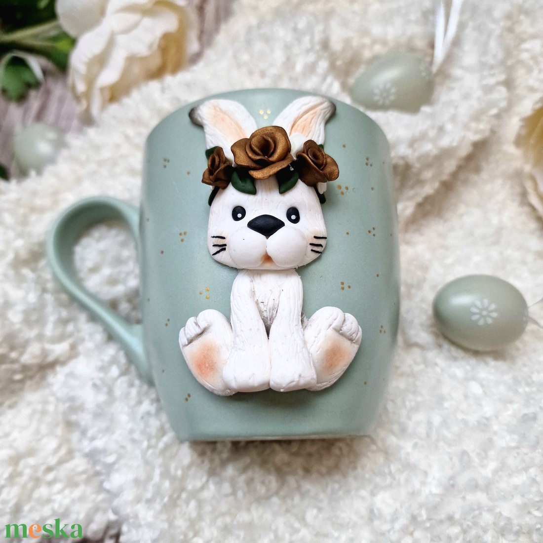 Virágkoszorús nyuszi húsvéti bögre - ünnepi díszek, dekorációk - húsvéti díszek és dekorációk - húsvéti bögre - Meska.hu