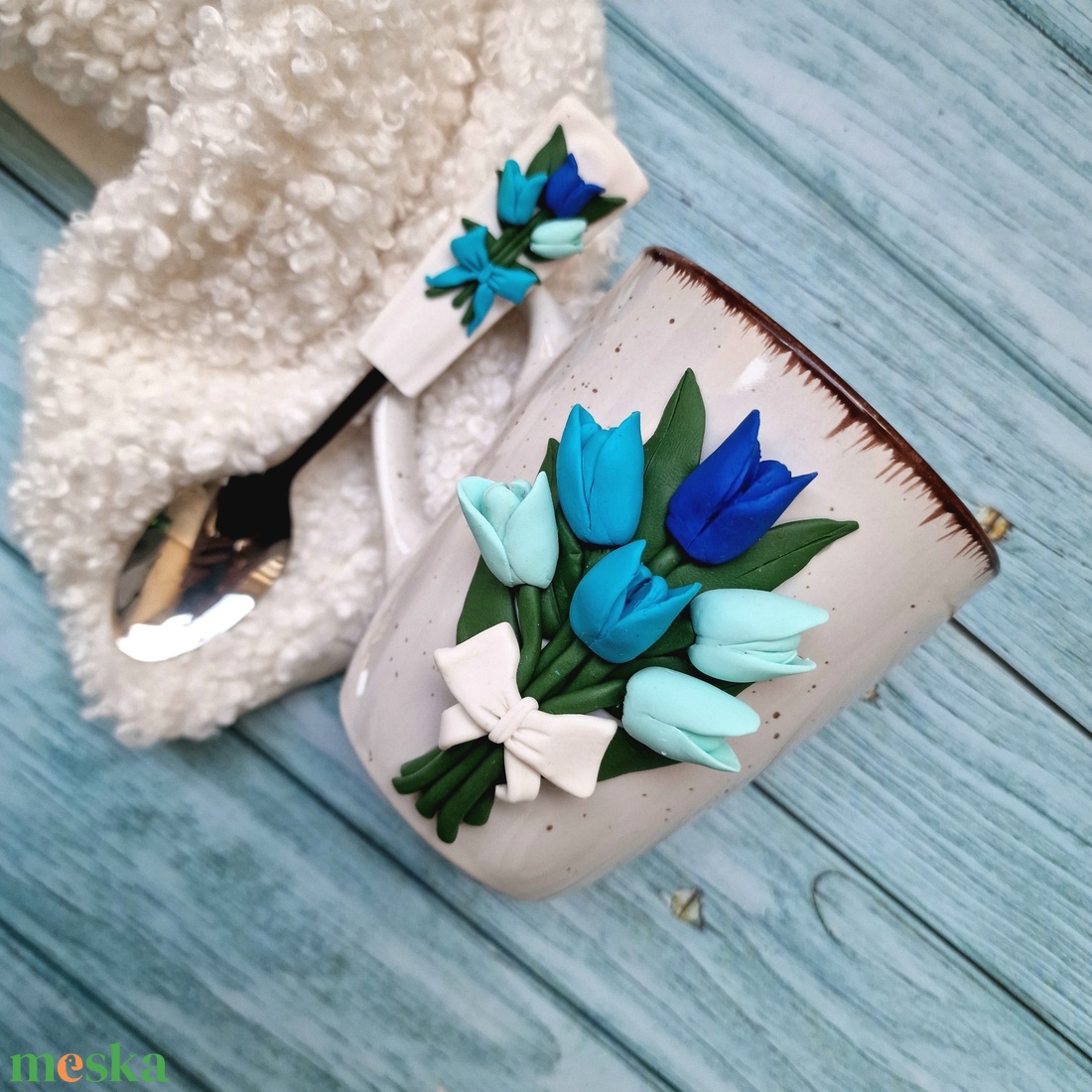 Tulipános bögre-kanál szett - ünnepi díszek, dekorációk - húsvéti díszek és dekorációk - húsvéti bögre - Meska.hu