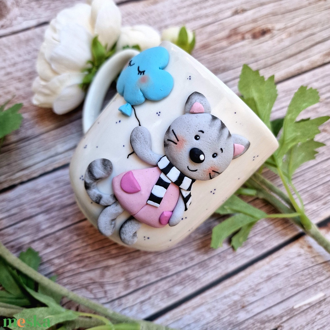 Felhőlufis macskás bögre - otthon & életmód - konyhafelszerelés, tálalás - tálalás - bögre & csésze - Meska.hu