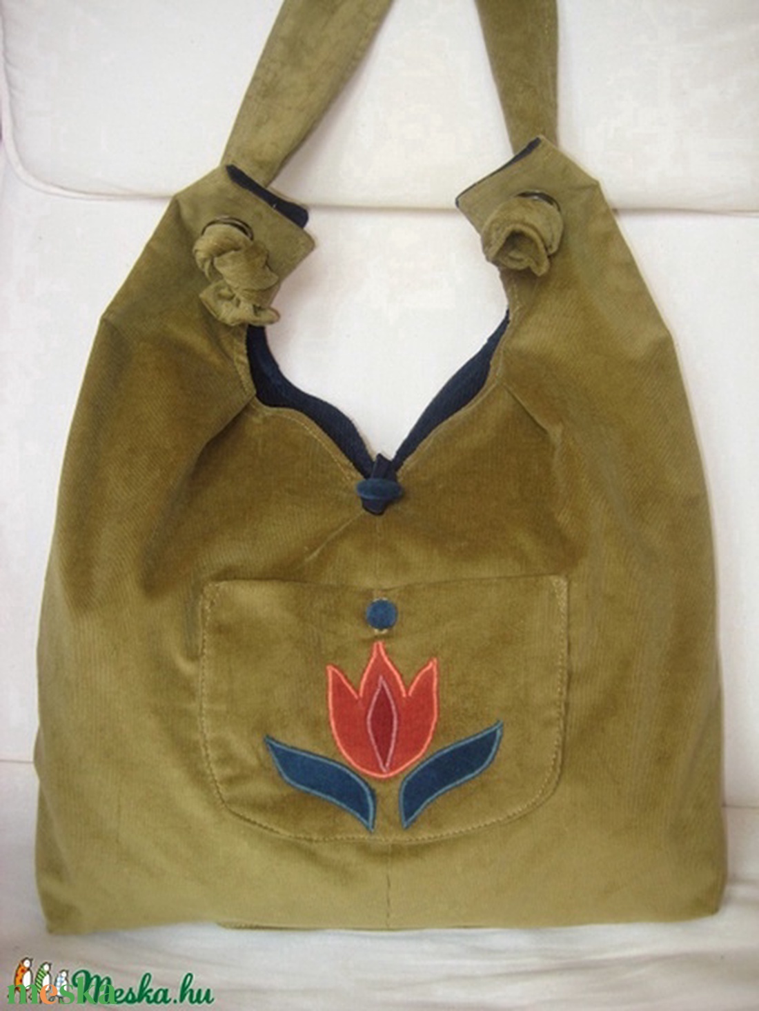 Sötétkék/mustár szín kettő az egyben kifordítható tulipánmintás kordbársony táska Cinorkától - táska & tok - kézitáska & válltáska - válltáska - Meska.hu