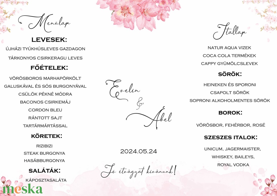 Menülap és itallap (Cherry Blossom  E6) - esküvő - meghívó & kártya - meghívó - Meska.hu