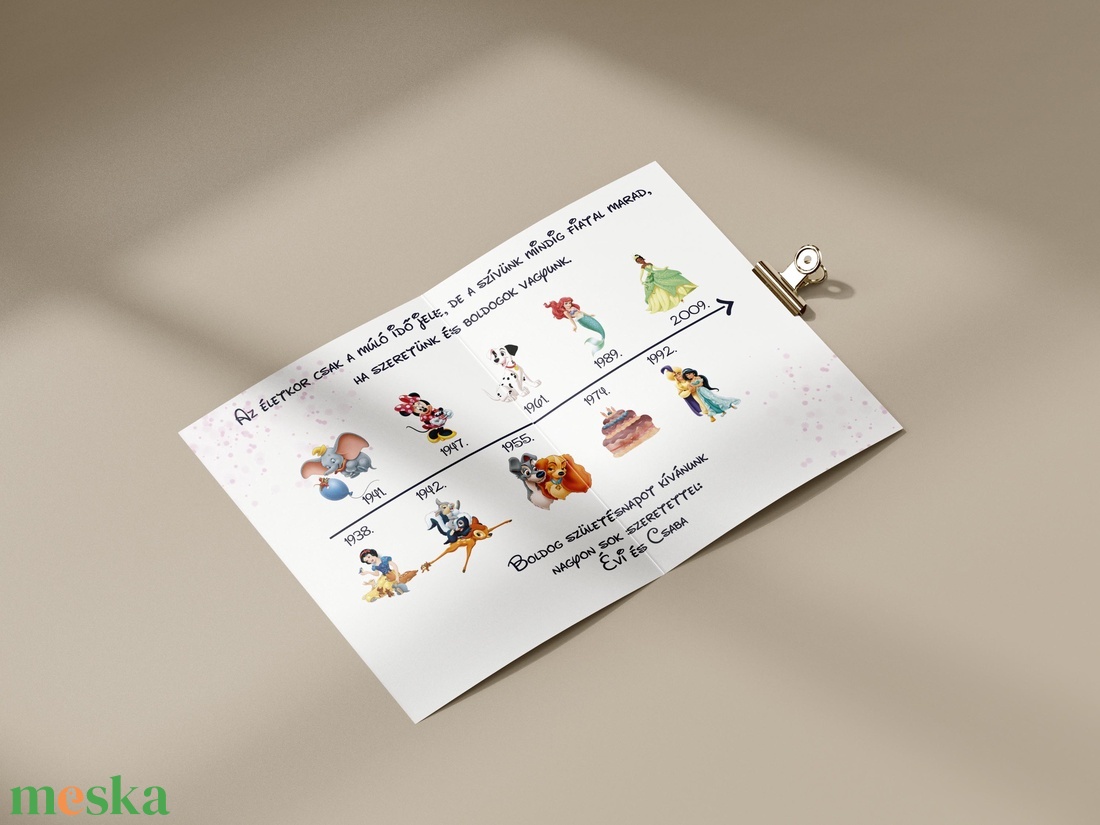 Disney mesés születésnapi képeslap borítékkal (idővonalon saját születési évszámmal) - otthon & életmód - papír, írószer - ajándékozás kellékei - képeslap, üdvözlőlap - Meska.hu