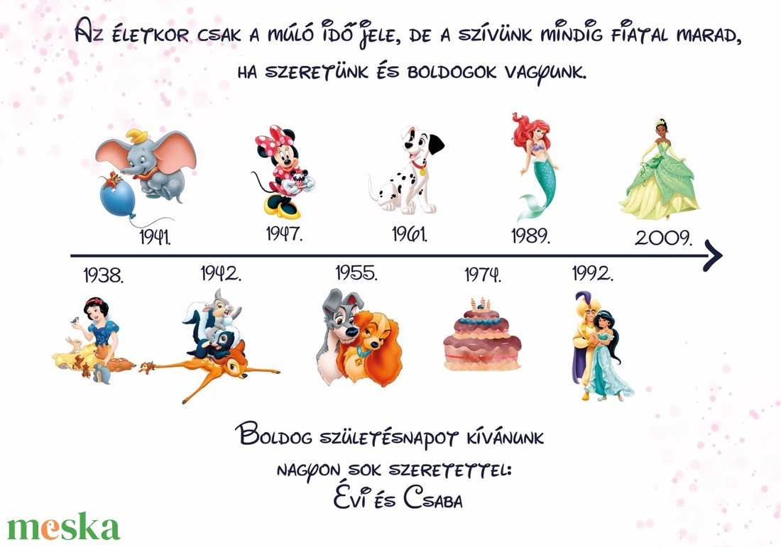 Disney mesés születésnapi képeslap borítékkal (idővonalon saját születési évszámmal) - otthon & életmód - papír, írószer - ajándékozás kellékei - képeslap, üdvözlőlap - Meska.hu