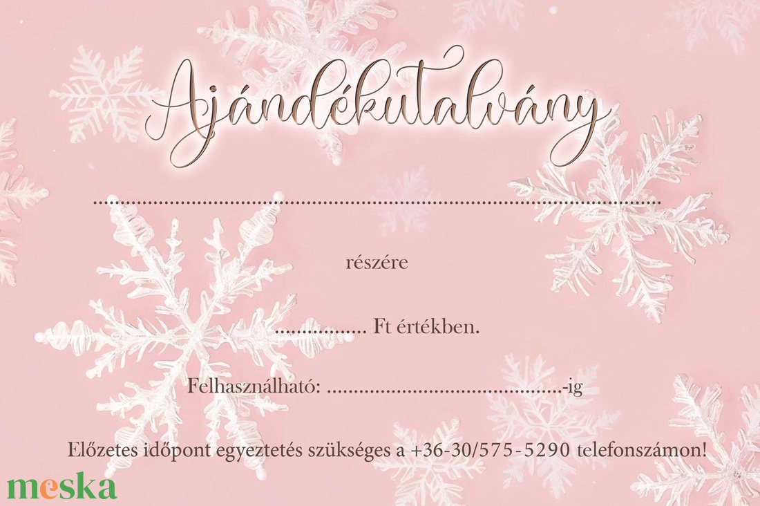 Ajándékutalvány - pastel rózsaszín hópihés - otthon & életmód - papír, írószer - egyedi szerkesztés - Meska.hu