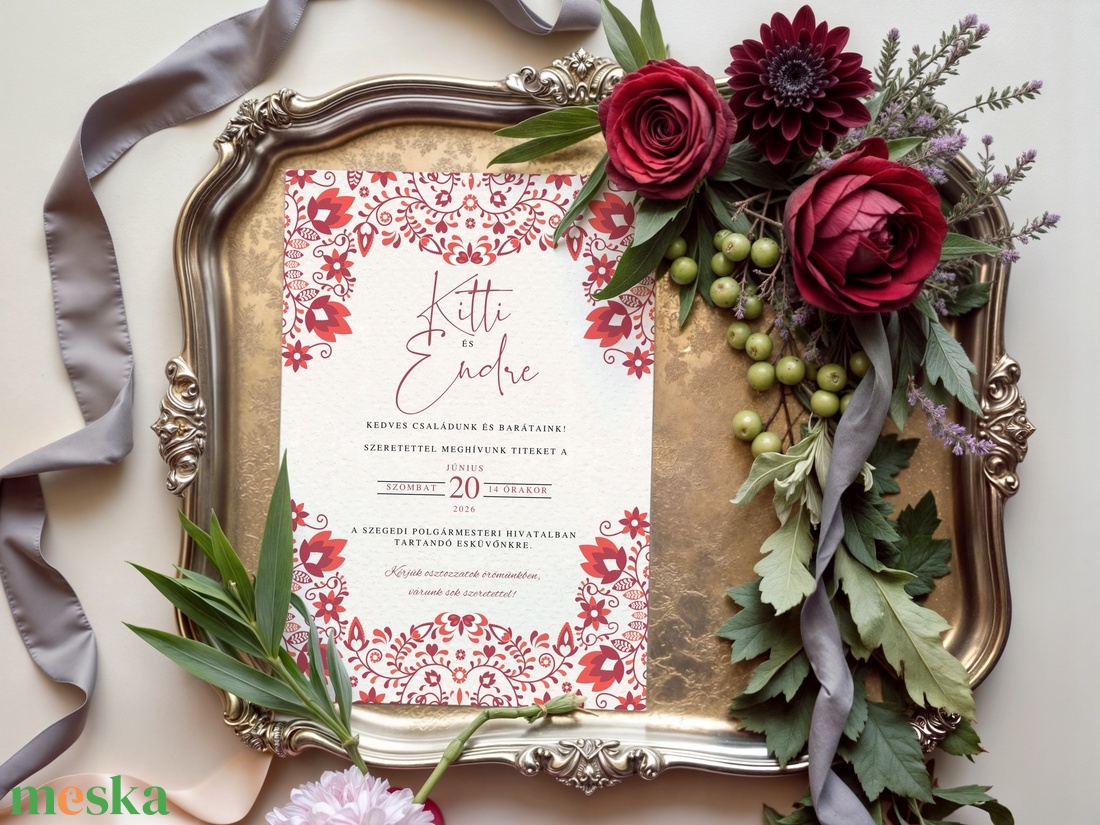 Esküvői meghívó - piros virágos - esküvő - meghívó & kártya - meghívó - Meska.hu