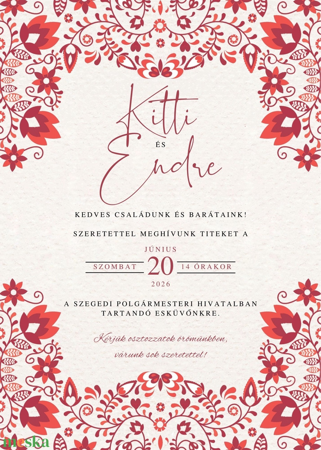 Esküvői meghívó - piros virágos - esküvő - meghívó & kártya - meghívó - Meska.hu