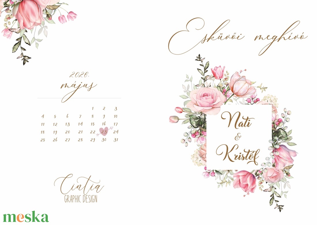 Esküvői meghívó - tulipános, rózsás (E38) - esküvő - meghívó & kártya - meghívó - Meska.hu