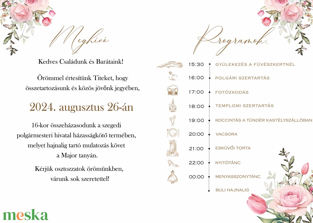 Esküvői meghívó - tulipános, rózsás (E38) - esküvő - meghívó & kártya - meghívó - Meska.hu