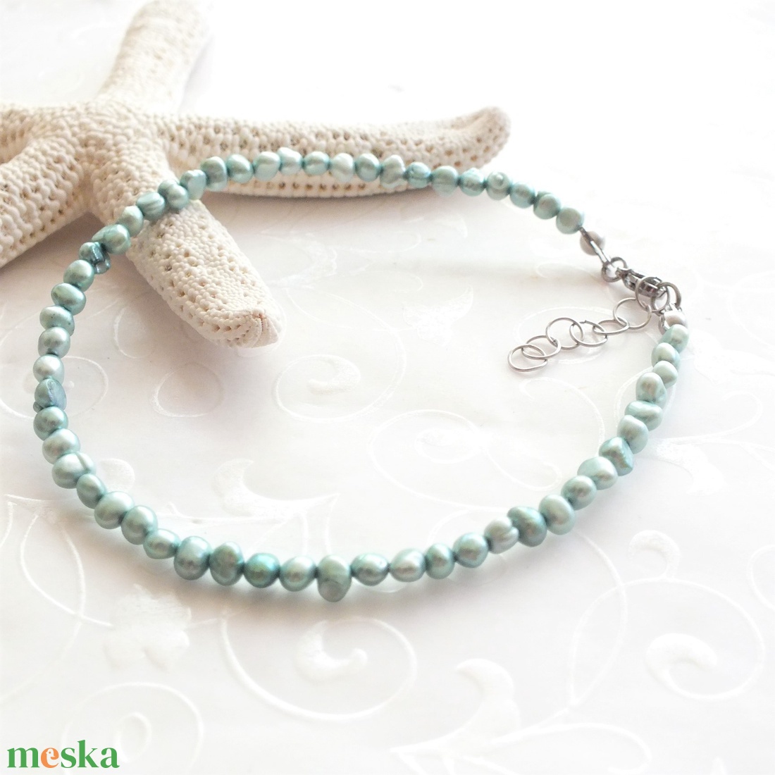 Édesvízi tenyésztett gyöngy acél bokalánc - világoskék - ékszer - lábdísz és testékszer - bokalánc - Meska.hu