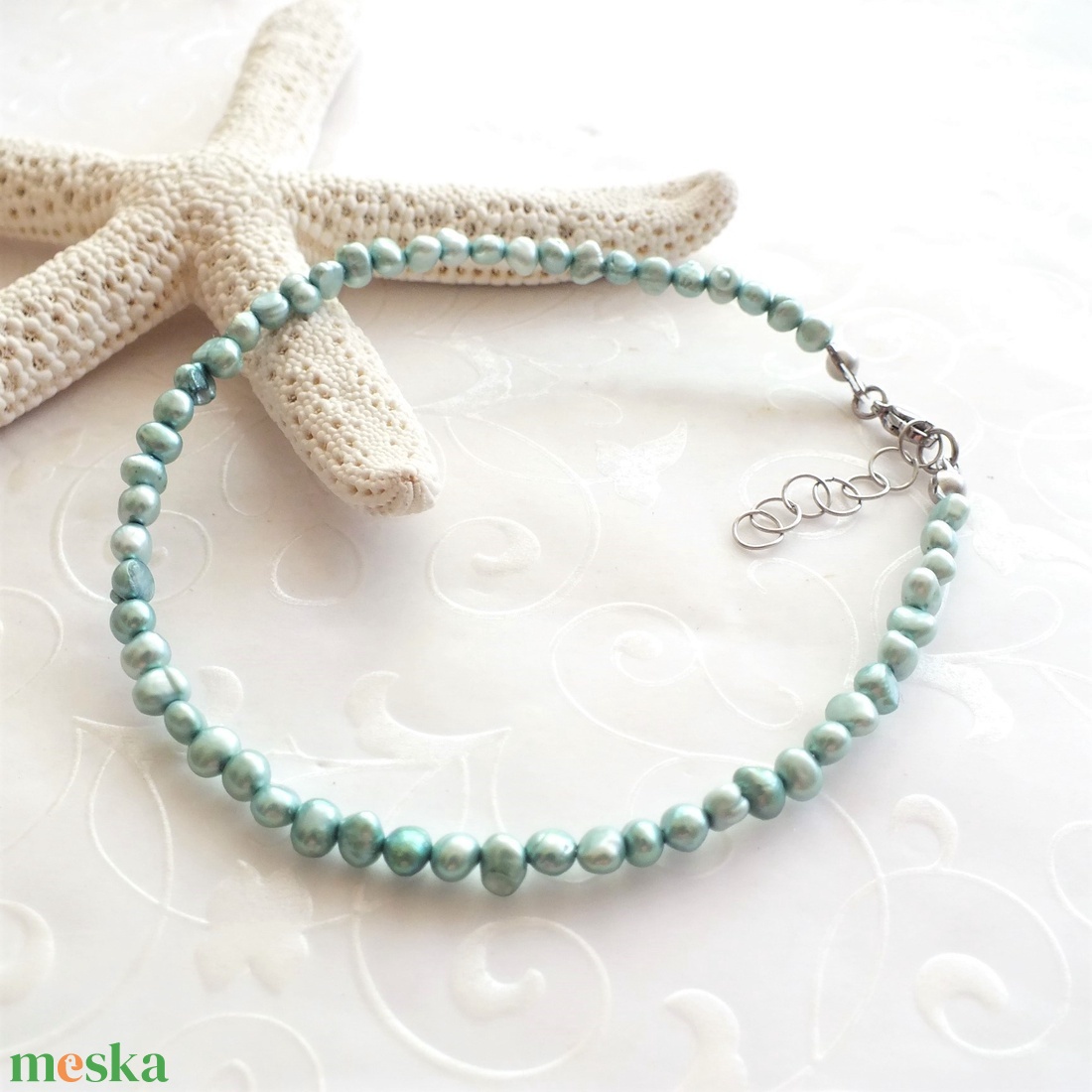 Édesvízi tenyésztett gyöngy acél bokalánc - világoskék - ékszer - lábdísz és testékszer - bokalánc - Meska.hu