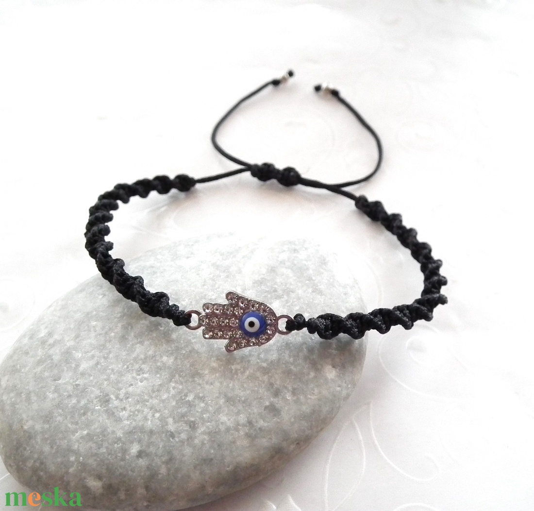 Védelem karkötő, Fatima keze, Hamsa - evil eye zsinóros minimál karkötő - ékszer - karkötő - charm karkötő - Meska.hu