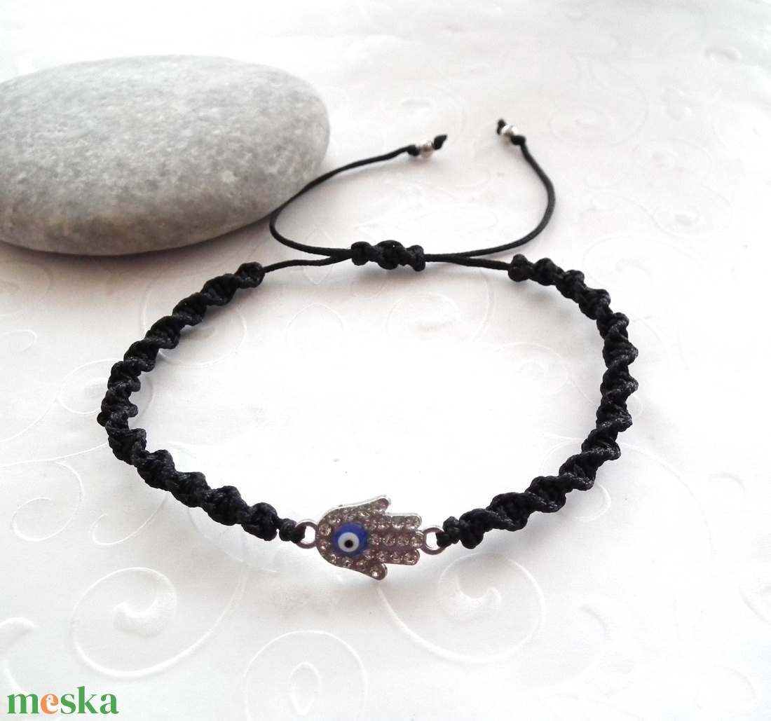 Védelem karkötő, Fatima keze, Hamsa - evil eye zsinóros minimál karkötő - ékszer - karkötő - charm karkötő - Meska.hu