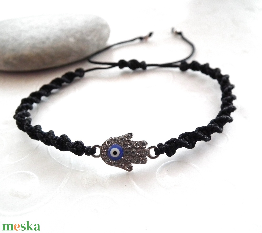 Védelem karkötő, Fatima keze, Hamsa - evil eye zsinóros minimál karkötő - ékszer - karkötő - charm karkötő - Meska.hu