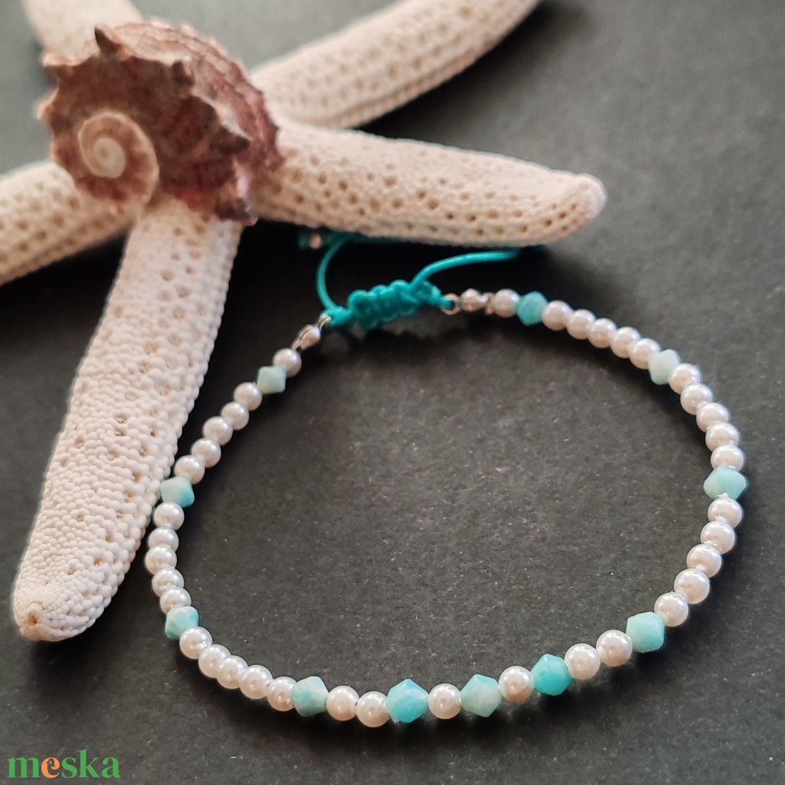 Shell pearl - amazonit karkötő - ékszer - karkötő - gyöngyös karkötő - Meska.hu