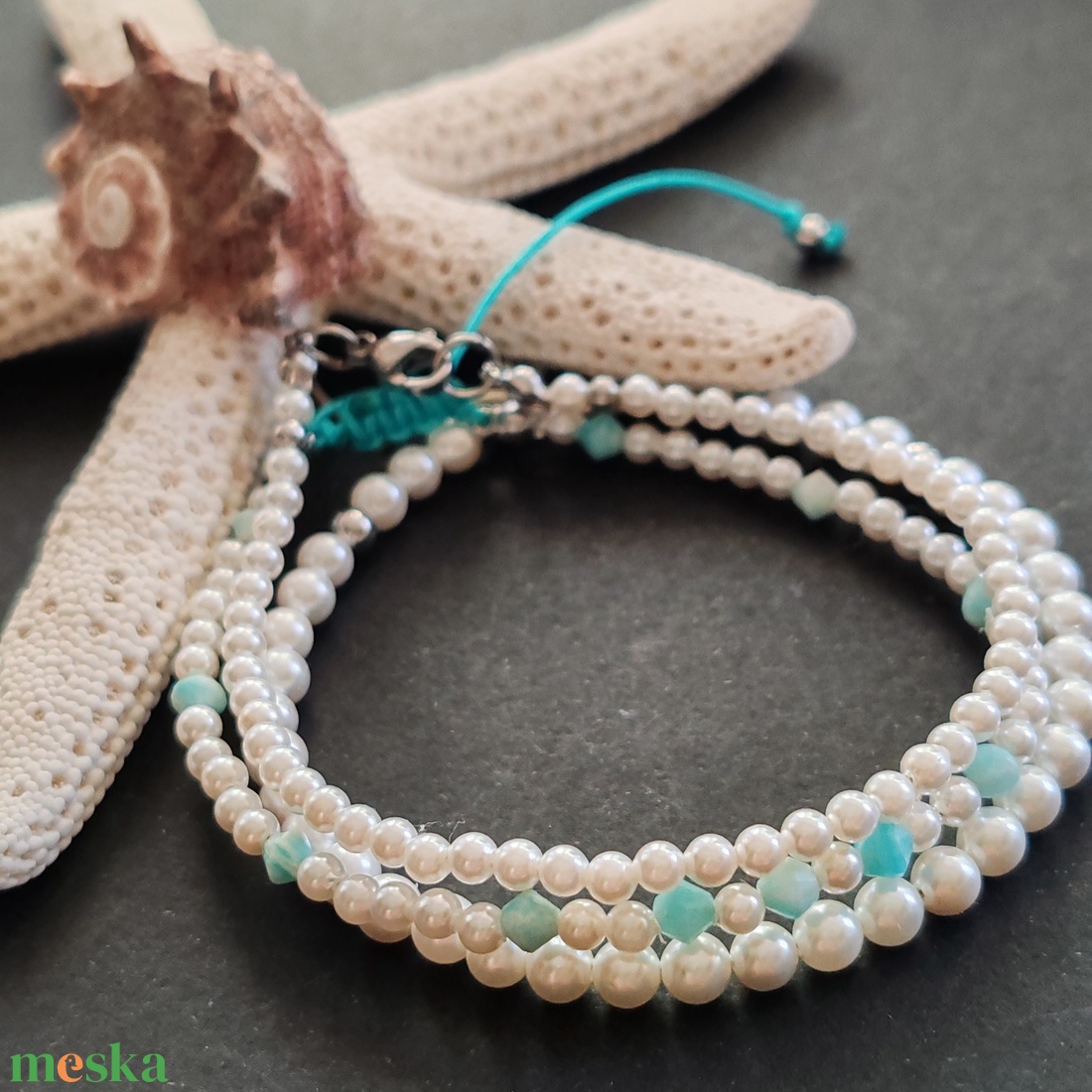 Shell pearl - amazonit karkötő - ékszer - karkötő - gyöngyös karkötő - Meska.hu