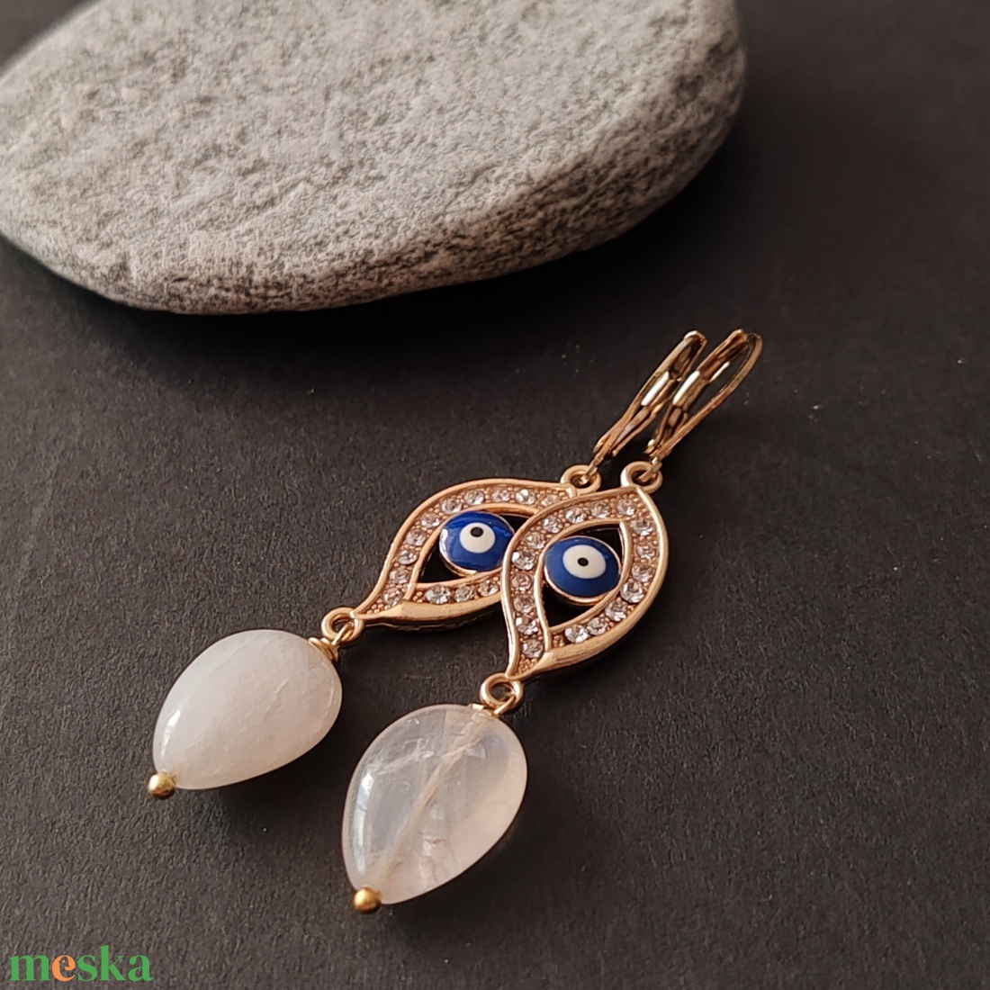 Evil eye fülbevaló II. - rózsakvarc  - ékszer - fülbevaló - lógó fülbevaló - Meska.hu