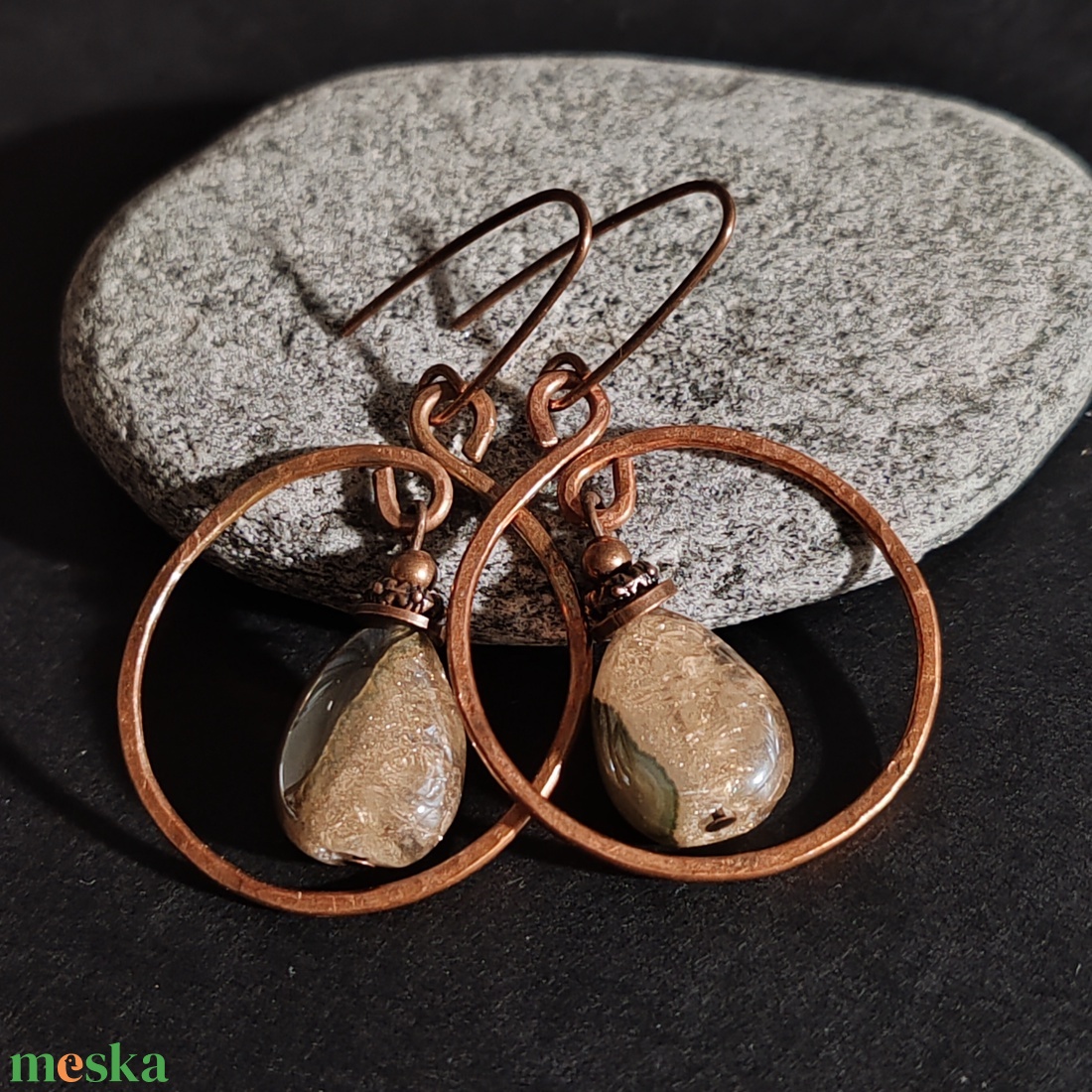 Achát vörösréz fülbevaló  - ékszer - fülbevaló - lógó fülbevaló - Meska.hu