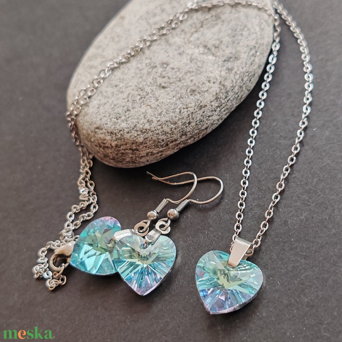 Kristályszív... acél fülbevaló + nyaklánc szett - ékszer - ékszerszett - Meska.hu