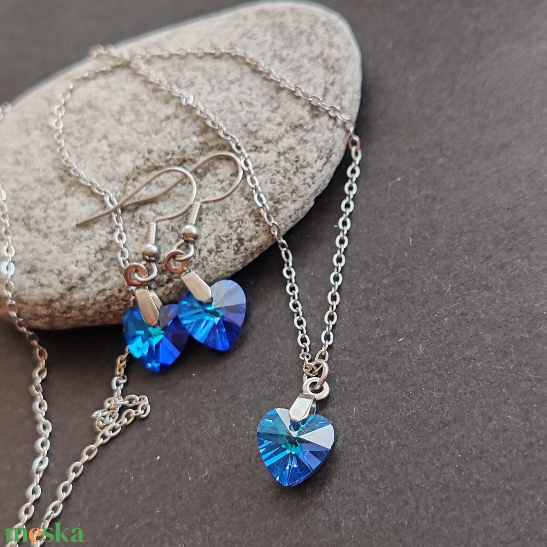 Mini kristályszív... acél fülbevaló + nyaklánc szett - ékszer - ékszerszett - Meska.hu