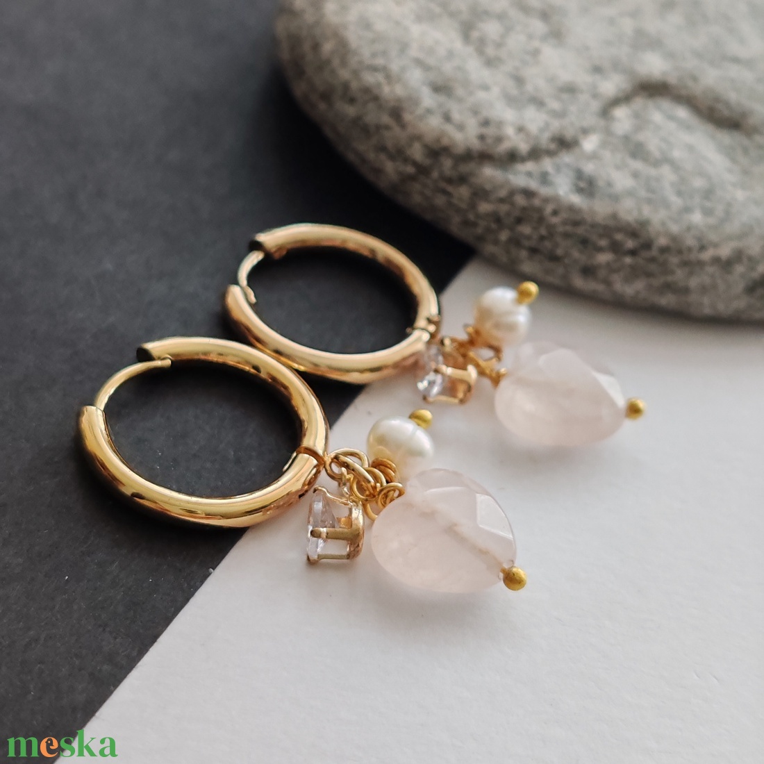 Szívem... rózsakvarc - tenyésztett gyöngy fülbevaló - ékszer - fülbevaló - lógós kerek fülbevaló - Meska.hu