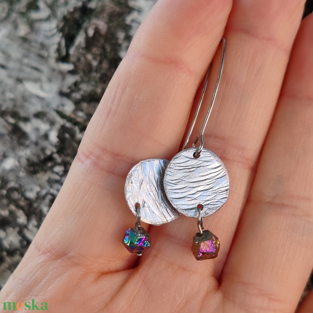 Drúzy kvarc alu korongos fülbevaló - ékszer - fülbevaló - lógó fülbevaló - Meska.hu