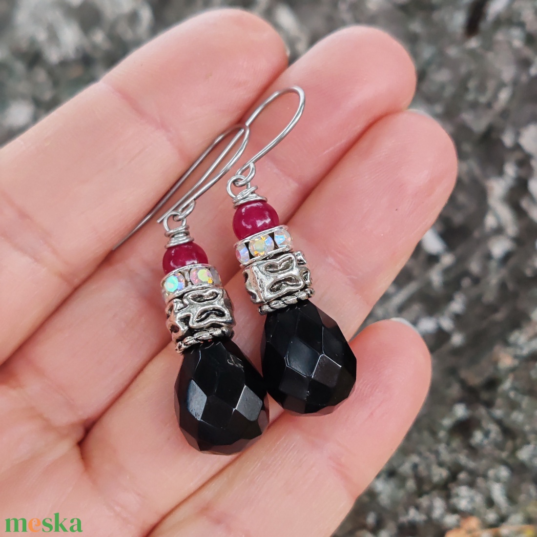 Ónix - achát fülbevaló - ékszer - fülbevaló - lógó fülbevaló - Meska.hu