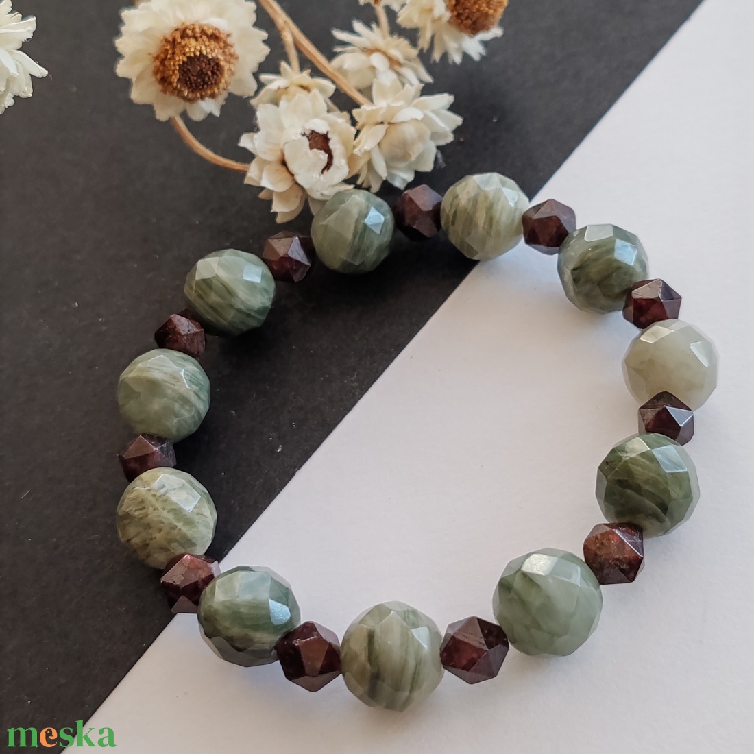 Szerpentin kvarc - gránát karkötő  - ékszer - karkötő - ásványkarkötő - Meska.hu