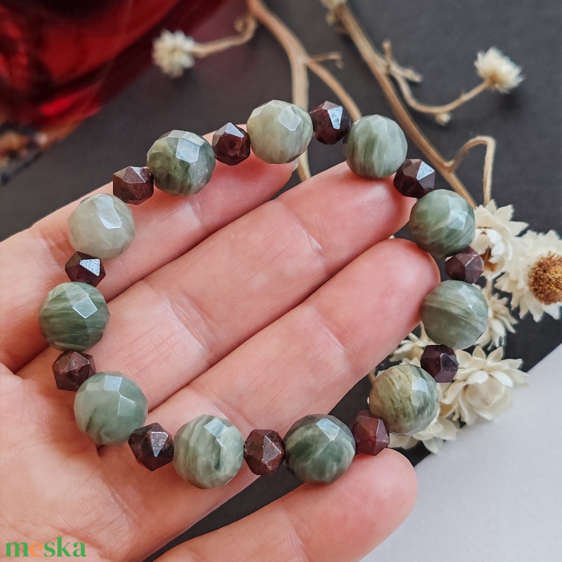 Szerpentin kvarc - gránát karkötő  - ékszer - karkötő - ásványkarkötő - Meska.hu