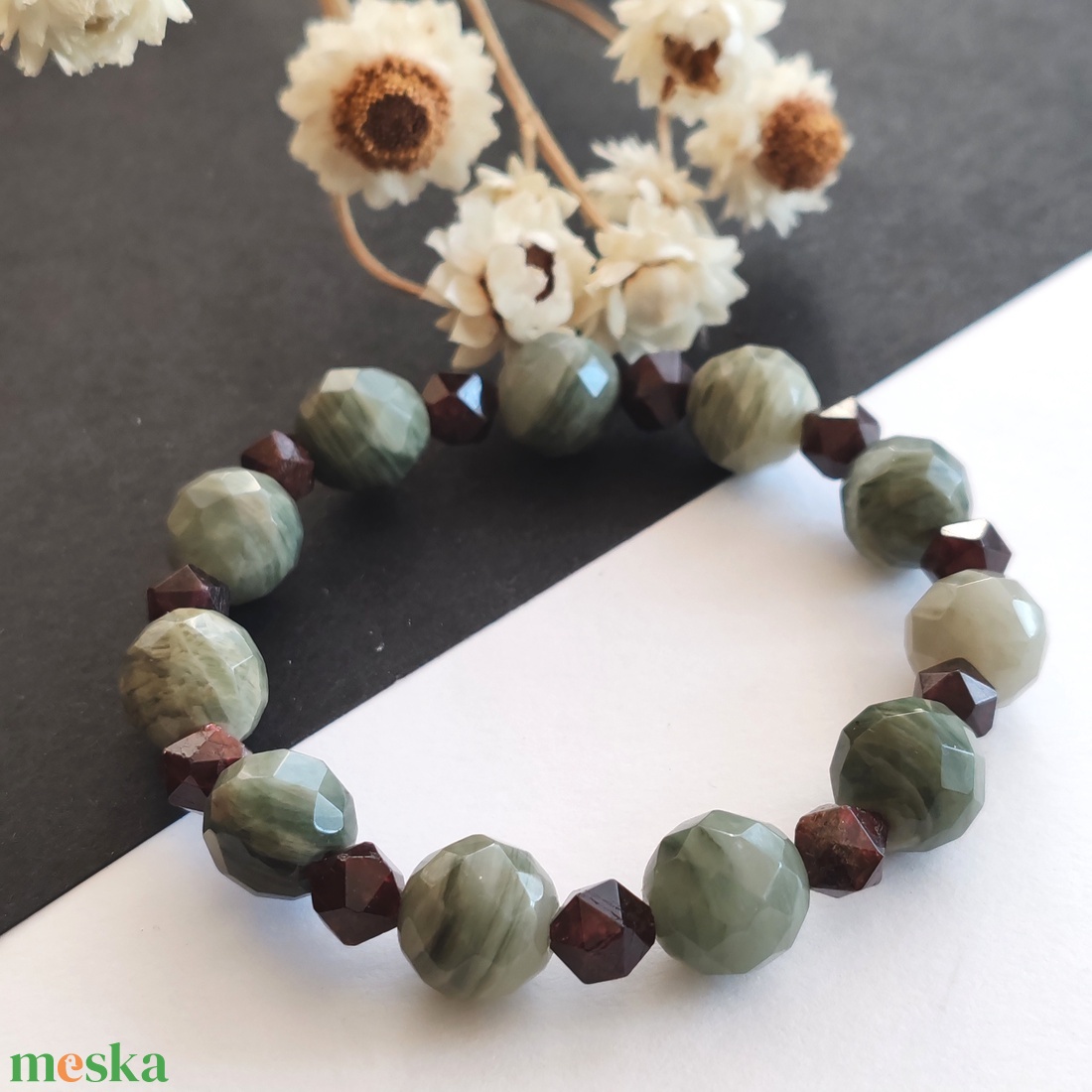 Szerpentin kvarc - gránát karkötő  - ékszer - karkötő - ásványkarkötő - Meska.hu