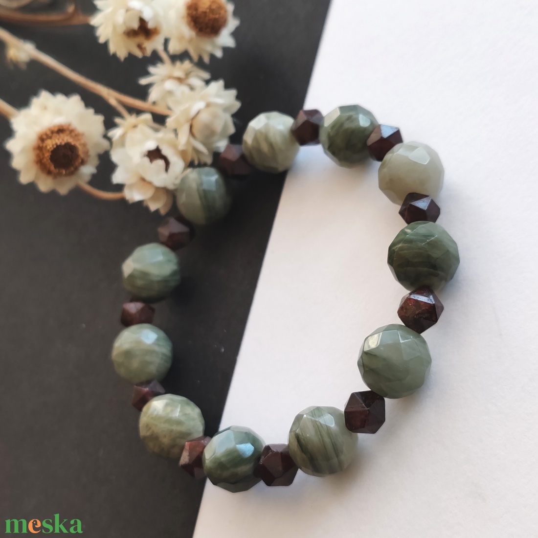 Szerpentin kvarc - gránát karkötő  - ékszer - karkötő - ásványkarkötő - Meska.hu