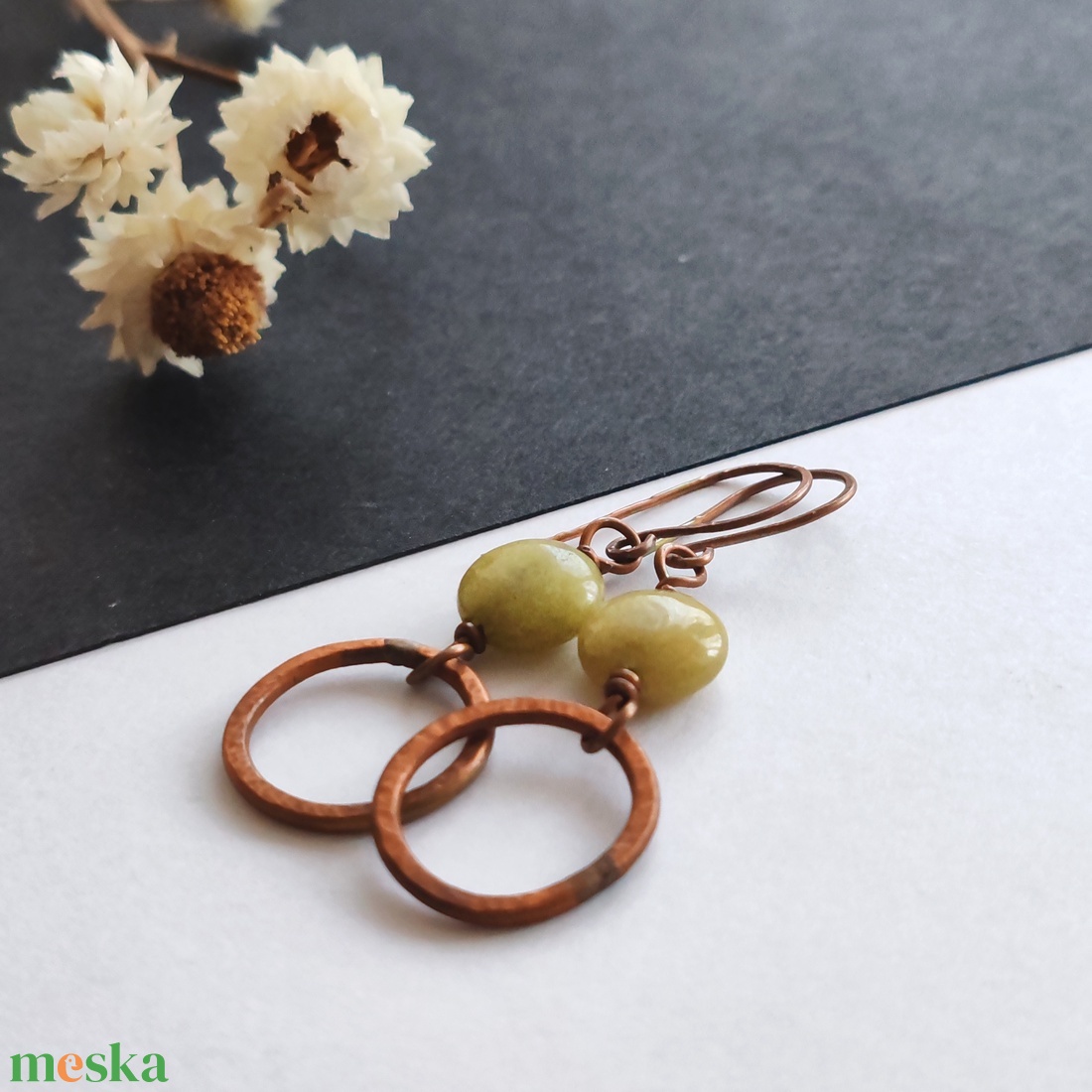 Jáde - vörösréz fülbevaló  - ékszer - fülbevaló - lógó fülbevaló - Meska.hu