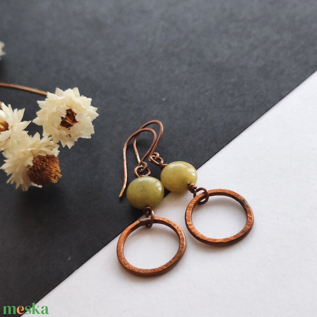 Jáde - vörösréz fülbevaló  - ékszer - fülbevaló - lógó fülbevaló - Meska.hu