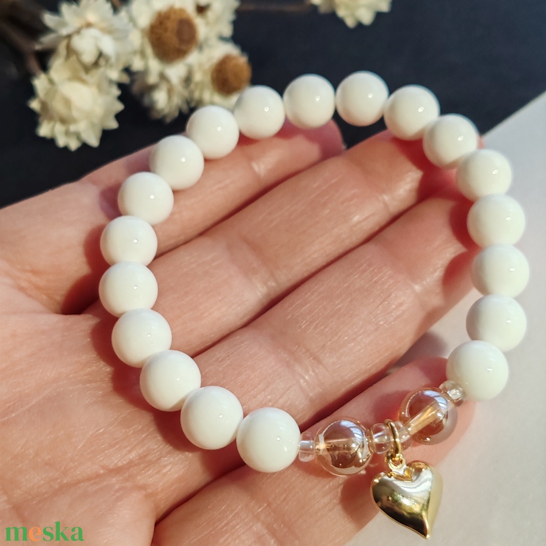 Kagylógyöngy - arany aurakvarc gumis karkötő  - ékszer - karkötő - gyöngyös karkötő - Meska.hu