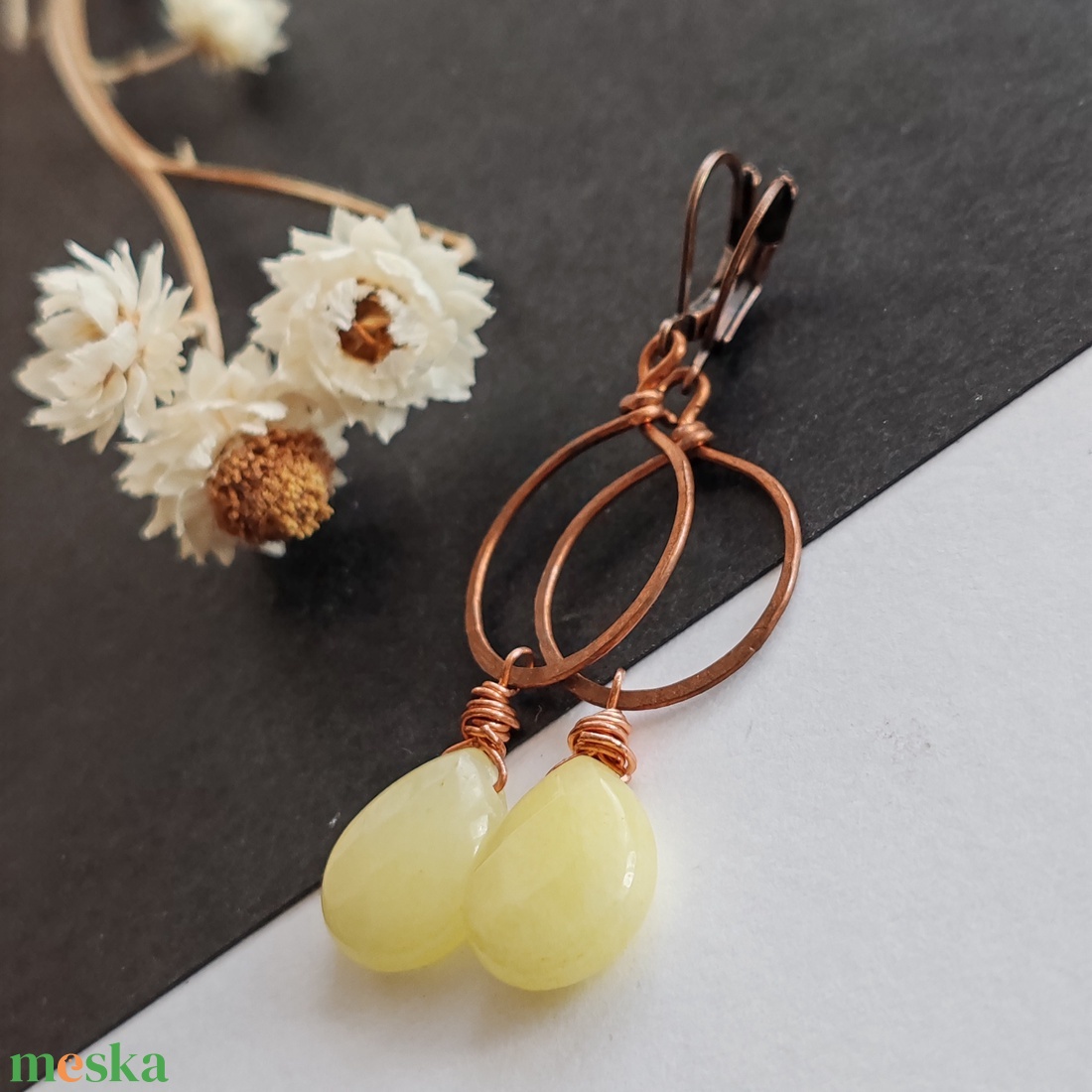 Jáde - vörösréz fülbevaló  - ékszer - fülbevaló - lógó fülbevaló - Meska.hu