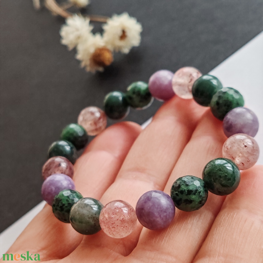 Ruby zoizit - lepidolit - moha achát - hematitos kvarc karkötő  - ékszer - karkötő - gyöngyös karkötő - Meska.hu