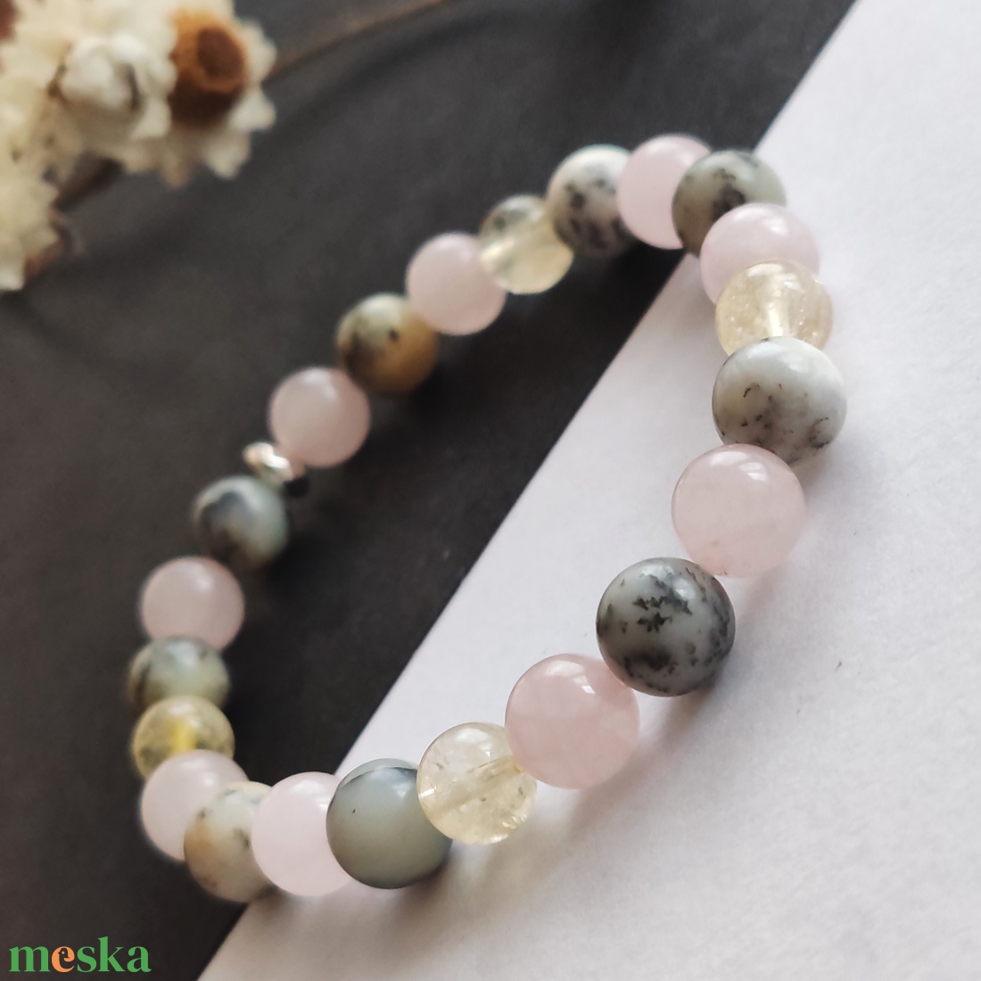 Merlinit - citrin - rózsakvarc karkötő  - ékszer - karkötő - gyöngyös karkötő - Meska.hu