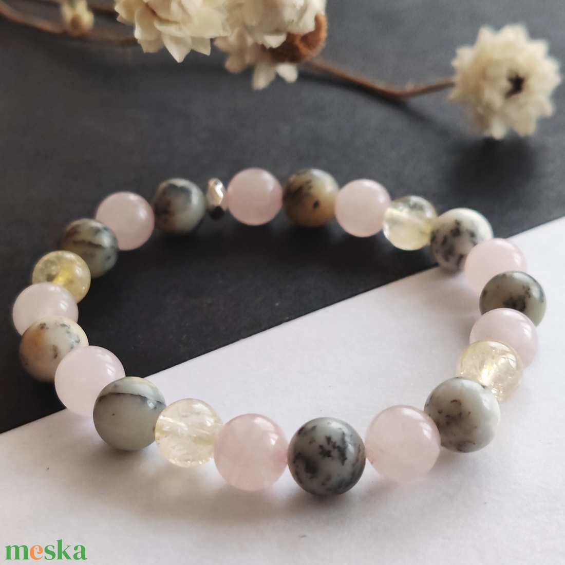 Merlinit - citrin - rózsakvarc karkötő  - ékszer - karkötő - gyöngyös karkötő - Meska.hu