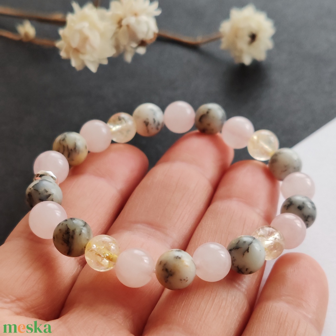 Merlinit - citrin - rózsakvarc karkötő  - ékszer - karkötő - gyöngyös karkötő - Meska.hu