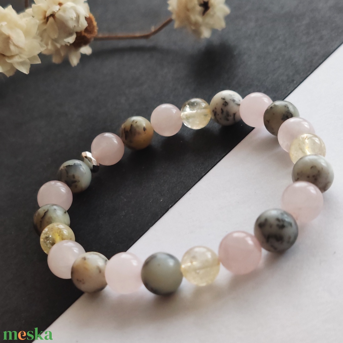 Merlinit - citrin - rózsakvarc karkötő  - ékszer - karkötő - gyöngyös karkötő - Meska.hu