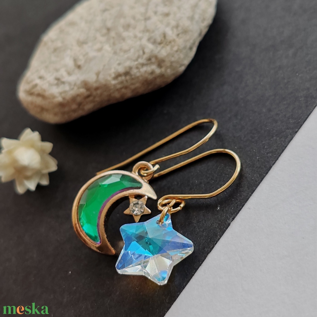 Csillag - hold fülbevaló - ékszer - fülbevaló - lógó fülbevaló - Meska.hu