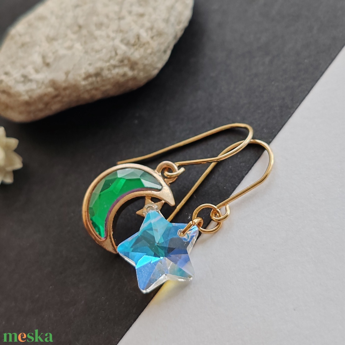 Csillag - hold fülbevaló - ékszer - fülbevaló - lógó fülbevaló - Meska.hu