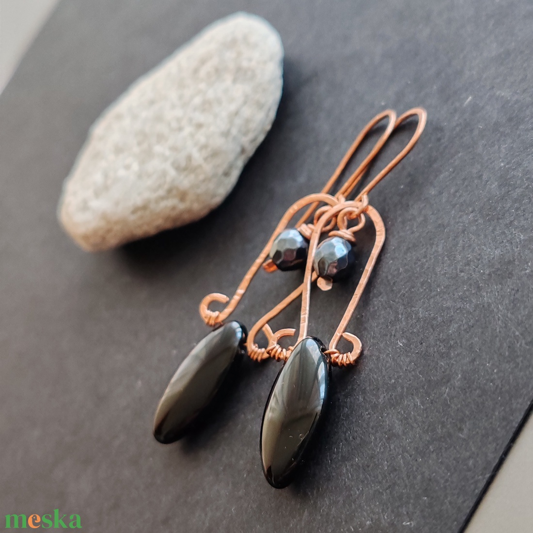 Ónix - aurás achát réz fülbevaló  - ékszer - fülbevaló - lógó fülbevaló - Meska.hu